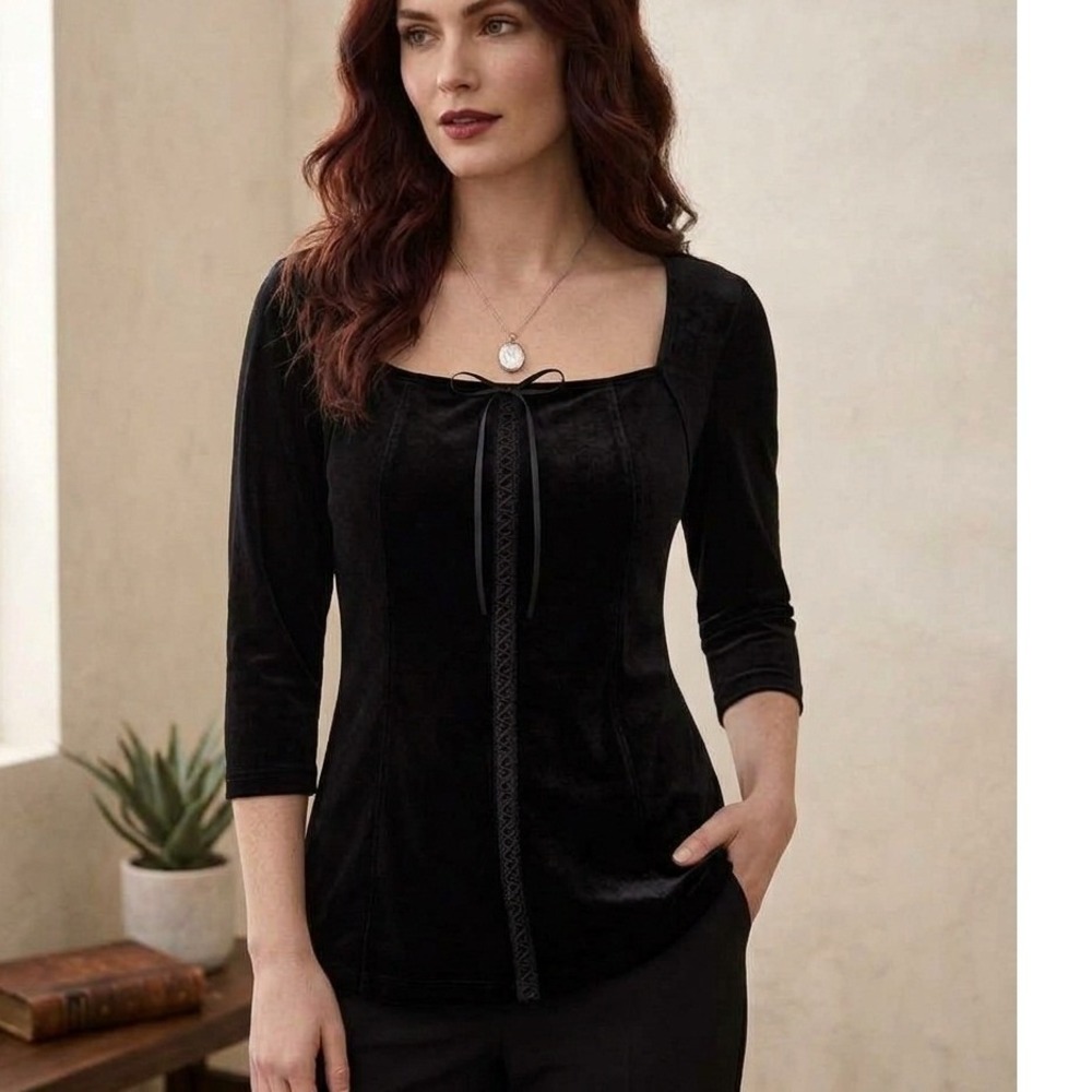Susan Lawrence Black Velvet Square Neck Faux Lace Up Top XL 3/4 Sleeve Goth